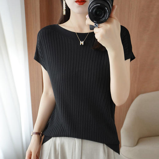 冰丝针织衫女宽松短袖显瘦t恤2023夏季新款内搭上衣一字领薄外穿_HLY 商品图11