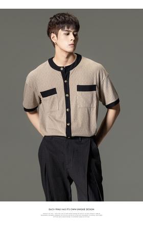 PINLI品立夏季新款撞色小香风圆领衬衫男士短袖休闲针织衬衣B232113061