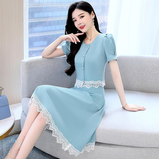 气质新款，淑女拼接蕾丝圆领单排扣短袖两件套HR-LT8186-1 商品图2
