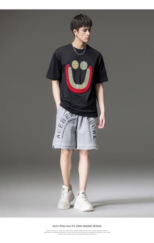 PINLI品立2023夏季新款男士落肩烫钻笑脸圆领短袖T恤BG231111084 商品图1