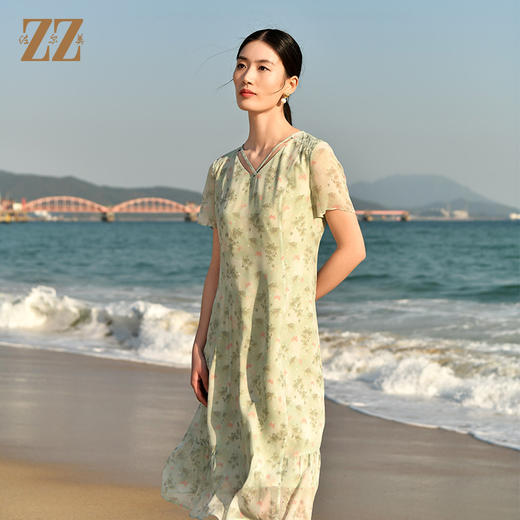 佐尔美夏季新款 休闲时尚小碎花短袖桑蚕丝真丝连衣裙女E32LS83 商品图3