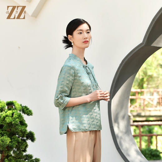 佐尔美夏季新款  国风桑蚕丝真丝交织提花缎衬衣女E32CS13 商品图1