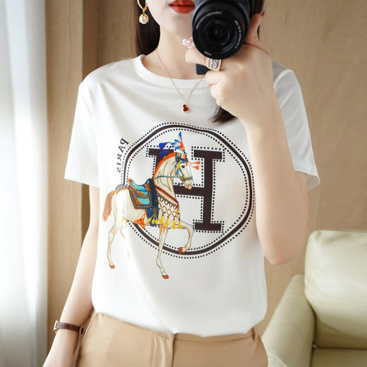 QHJY-JYA02355短袖T恤女式宽松桑蚕丝印花前丝后棉t恤半袖上衣 商品图1