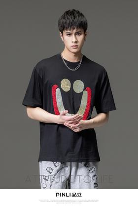 PINLI品立2023夏季新款男士落肩烫钻笑脸圆领短袖T恤BG231111084