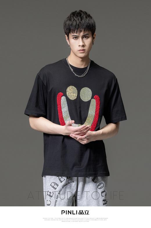 PINLI品立2023夏季新款男士落肩烫钻笑脸圆领短袖T恤BG231111084 商品图0