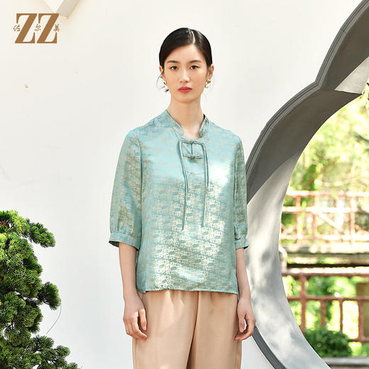 佐尔美夏季新款  国风桑蚕丝真丝交织提花缎衬衣女E32CS13 商品图0