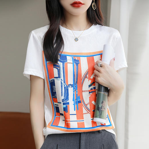 QHJY-JYA02355短袖T恤女式宽松桑蚕丝印花前丝后棉t恤半袖上衣 商品图7