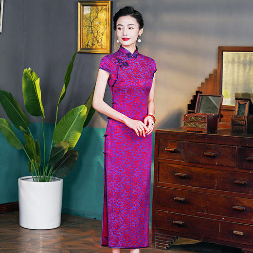 WX真丝旗袍桑蚕丝 低调档次长款时尚立领旗袍 商品图2