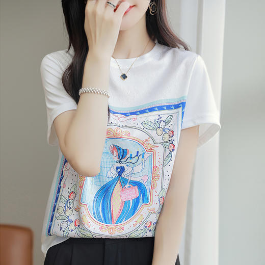 QHJY-JYA02355短袖T恤女式宽松桑蚕丝印花前丝后棉t恤半袖上衣 商品图0