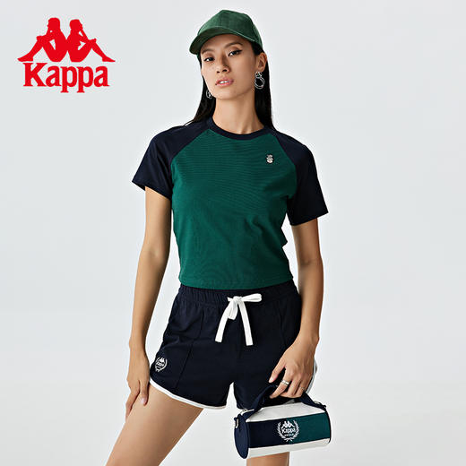 Kappa卡帕复古运动短袖2023新款女拼接正肩T恤休闲短款半袖恤夏 商品图0