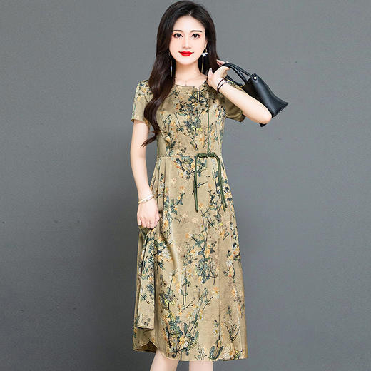 QYMKED-X369-Y，圆领复古印花连衣裙时尚新款妈妈装夏天短袖裙宽松中长款A字裙 商品图0