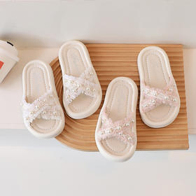 【女童拖鞋】夏季新款韩版女童防滑沙滩鞋小女孩珍珠交叉带拖鞋
