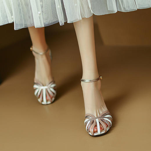 时尚撞色，里外全真皮拼色粗跟水晶跟罗马凉鞋NJMK-K229 商品图1