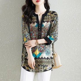 新款大码V领印花烫钻衬衫，宽松胖mm衬衫女装KQL-A08N6311