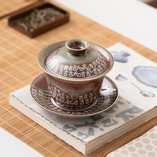 钧窑三才盖碗陶瓷新中式功夫茶具防烫盖杯手工窑变开片茶碗敬茶杯 商品图0