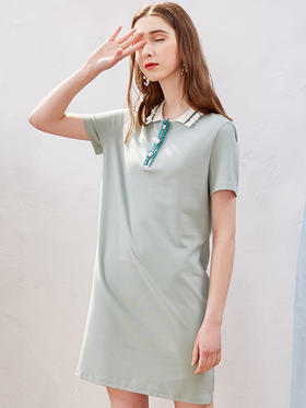欧芮儿夏装2020女装木耳边polo连衣裙女中长款毛边衣领女裙