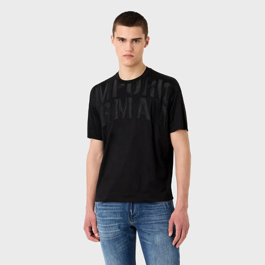 EMPORIO ARMANI 阿玛尼 男士超大徽标刺绣天丝混纺平纹针织圆领短袖T恤 黑色 3R1TZ2 1JUVZ 0095 商品图1