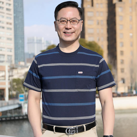 买一送一❗️新款爸爸装短袖t恤男士40-50岁】柔软舒适透气 中老年人冰丝圆领条纹男装父亲节礼物优选粉丝专属男士父亲节礼物新年礼盒年货礼盒 商品图2