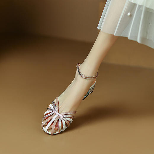 时尚撞色，里外全真皮拼色粗跟水晶跟罗马凉鞋NJMK-K229 商品图2