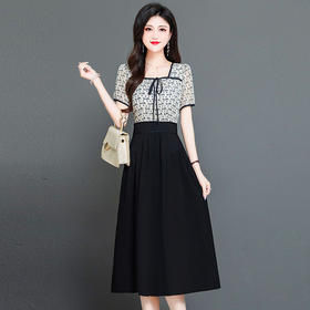 QYMTYP-LX71-Y，印花连衣裙夏季新款短袖裙中长款假两件高腰A字裙