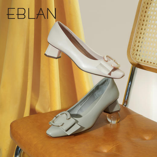 伊伴秋季女鞋羊皮单鞋粗跟单鞋C扣一脚蹬通勤鞋气质单鞋B23143684 商品图1