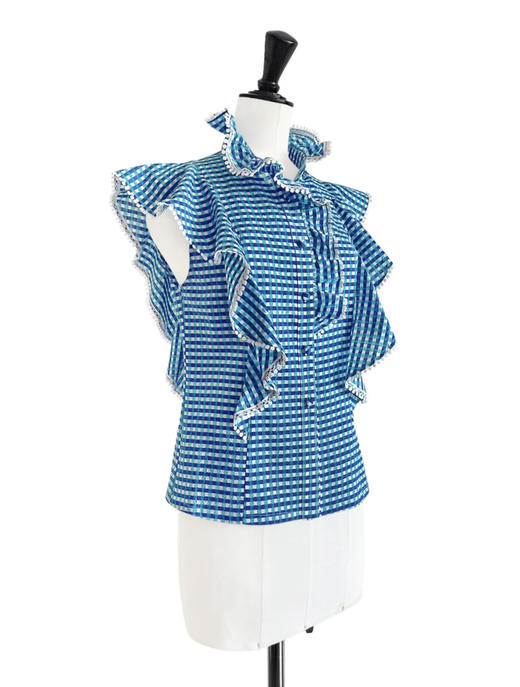 TYNVIE 荷叶边装饰小立领上衣-蓝格 商品图1