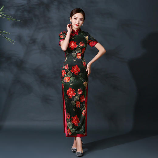 修身中国风，大红真丝长旗袍复古演出活动礼服QH-9858 商品图0