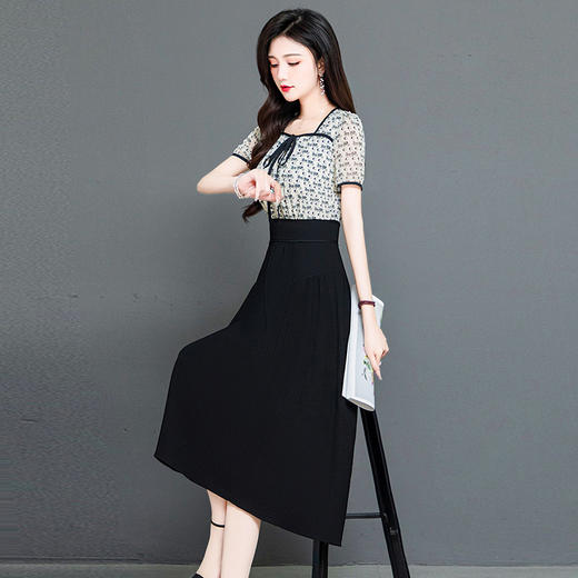 QYMTYP-LX71-Y，印花连衣裙夏季新款短袖裙中长款假两件高腰A字裙 商品图1