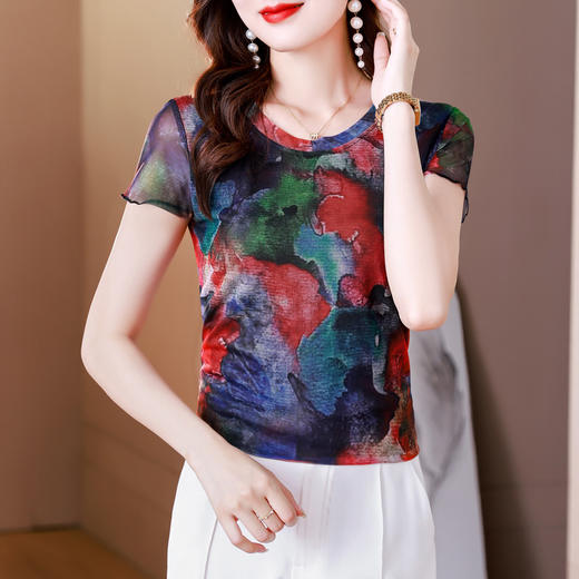 圆领短袖透气网眼针织打底衫女，夏修身印花网纱t恤大码上衣KQL-460H2406 商品图2