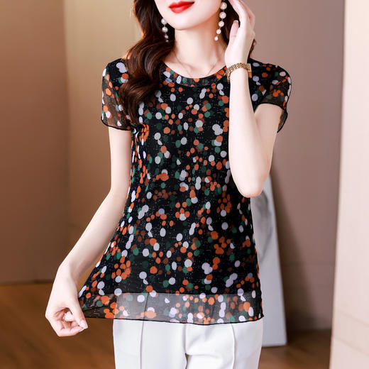 圆领短袖透气网眼针织打底衫女，夏修身印花网纱t恤大码上衣KQL-460H2406 商品图4