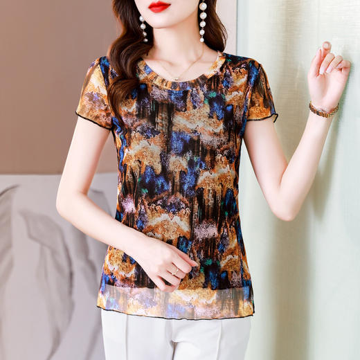 圆领短袖透气网眼针织打底衫女，夏修身印花网纱t恤大码上衣KQL-460H2406 商品图3