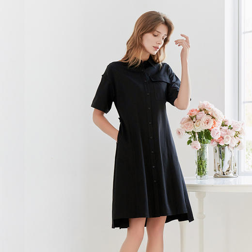 【衬衫款棉质连衣裙】23年夏季新品女士中长款连衣裙黑色直筒裙子 商品图1