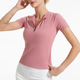 范斯蒂克 短袖半拉链跑步运动上衣女秋季紧身透气显瘦健身衣