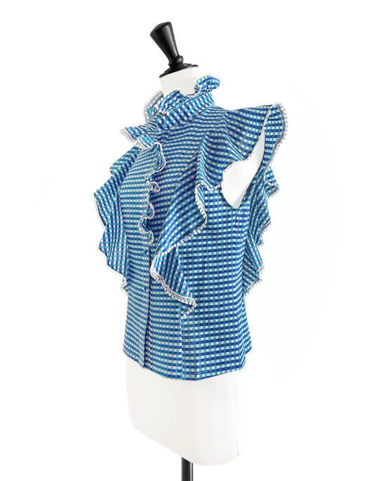 TYNVIE 荷叶边装饰小立领上衣-蓝格 商品图2