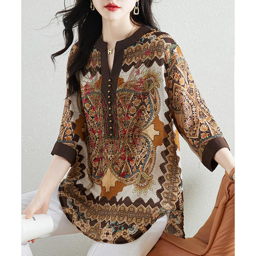 新款大码V领印花烫钻衬衫，宽松胖mm衬衫女装KQL-A08N6311 商品图3