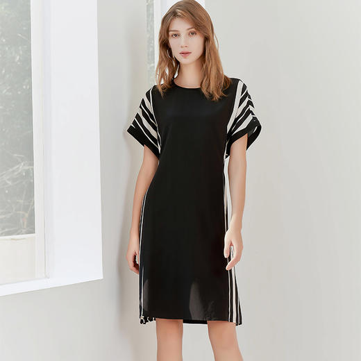 【桑蚕丝条纹连衣裙】23年春夏新品女士100%桑蚕丝条纹撞色连衣裙时尚直筒裙子 商品图0