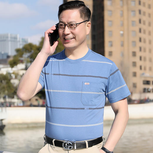 买一送一❗️新款爸爸装短袖t恤男士40-50岁】柔软舒适透气 中老年人冰丝圆领条纹男装父亲节礼物优选粉丝专属男士父亲节礼物新年礼盒年货礼盒 商品图5