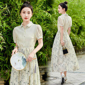 舒适田园风，天丝印花拼接宽松系带连衣裙HR-SYY23006B-1