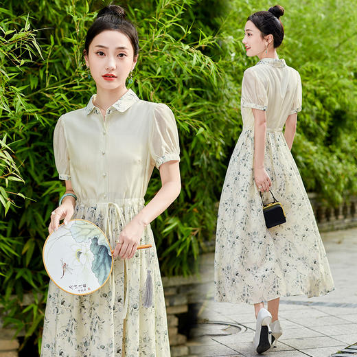 舒适田园风，天丝印花拼接宽松系带连衣裙HR-SYY23006B-1 商品图0