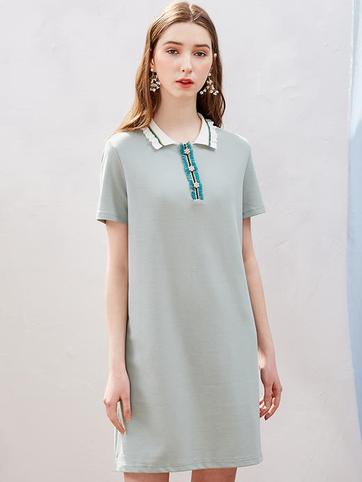 欧芮儿夏装2020女装木耳边polo连衣裙女中长款毛边衣领女裙 商品图3