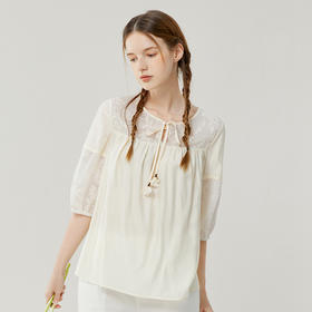 Famecoco范可儿套头衬衫女设计感小众拼接上衣夏半袖衬衣FAB3BD011