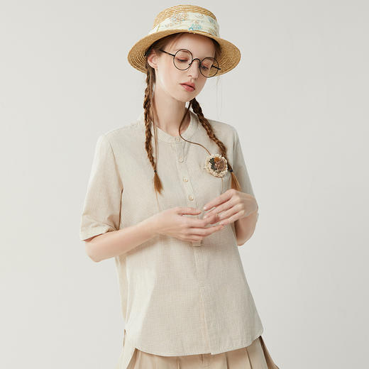 famecoco范可儿纯棉格子衬衫女夏款文艺绣花半袖套头衫FAB3BD015 商品图0