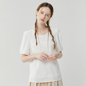 Famecoco范可儿泡泡袖上衣女温柔甜美新款夏季白色套头衬衣FAB3BD013