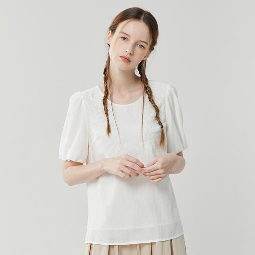 Famecoco范可儿泡泡袖上衣女温柔甜美新款夏季白色套头衬衣FAB3BD013 商品图0