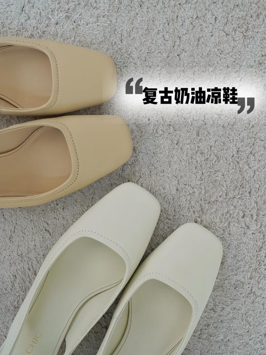 复古优雅方头贝壳跟凉鞋！花花团特别定制款！里外全羊皮！加厚脚掌垫脚柔软踩屎感 Q弹柔软 一脚蹬弹力带穿着方便！ 商品图2