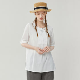 famecoco范可儿宽松纯棉衬衫女短袖夏季白色圆领刺绣上衣FAB3BD007