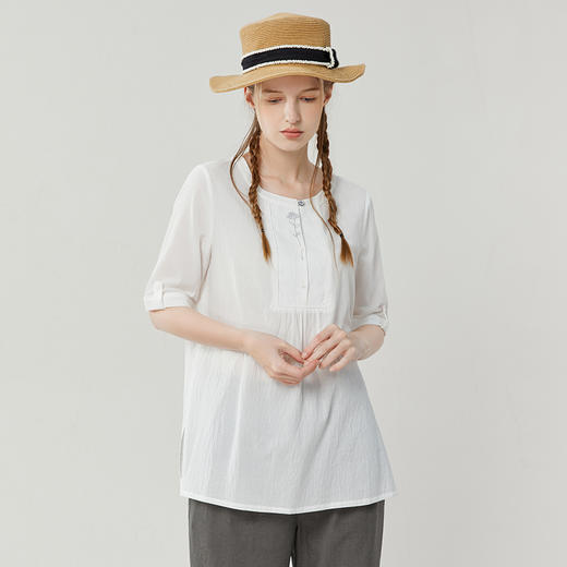 famecoco范可儿宽松纯棉衬衫女短袖夏季白色圆领刺绣上衣FAB3BD007 商品图0