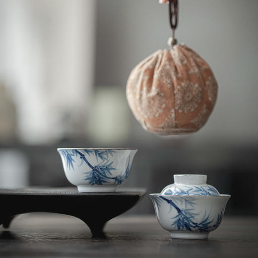 【日用百货】-宜室茶话  仿古手绘青花竹子盖碗茶杯套装 商品图3