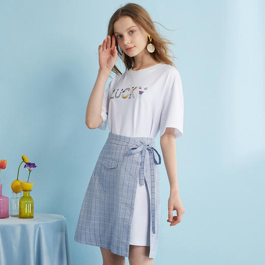 【最后一天】欧芮儿2019夏装新款短袖印花+格子半身裙女中长款时尚两件套装 商品图1