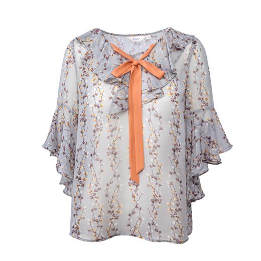 欧芮儿 2018夏装新款女装宽松V领蝴蝶结荷叶边喇叭袖碎花雪纺衫女 商品图3